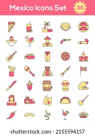 Flat Style Mexico Icon Set In Yellow And Red Color.