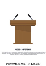 Flat Style Microphones And Trebune Or Podium. Press Conference Concept Illustration.