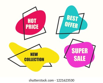 Flat style minimal trendy bubble shaped banner, hot price, best offer, new collection, super sale; sticker, badge. Vector illustration.