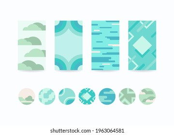 Flat style minimalist vector illustration collection. Poster, banner design templates for business, lifestyle, travel blogger. Social network stories abstract backgrounds. Icons, round emblems set.