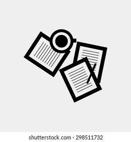 Flat style minimalistic modern design concept of creative office workspace. Icons collection of business work flow items and elements, office things, objects and equipment for workplace design.