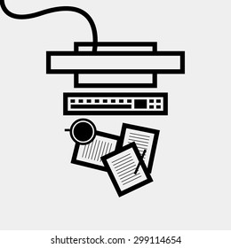 Flat style minimalistic modern design concept of creative office workspace. Icons collection of business work flow items and elements, office things, objects and equipment for workplace design. 