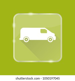 Flat style minivan car silhouette icon with long shadow on transparent square button