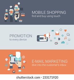 Flat style mobile e-commerce promotion infographic concept. Smart phone online internet store sale shopping tablet promotion email marketing web site icon banners templates set. Template for parallax.