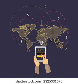 Flat style mobile payment via internet, vector.