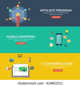 Tiendas móviles de estilo plano, tienda de comercio electrónico y programa de afiliados. Conceptos para banner web y materiales impresos. Ilustración vectorial.