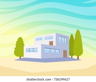 Flat Style Modern Architecture House with Trees in the Yard. Beautiful City Landscape Vector Drawing Illustration.