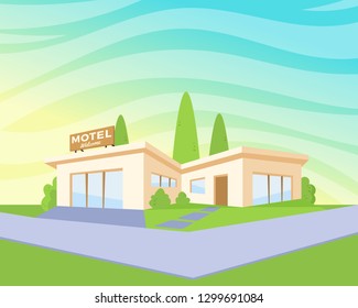 Flat Style Modern Architecture Motel with Green Lawn and Trees. Vector Landscape Drawing in The Perspective View. Sky Background House Illustration. Isolated.