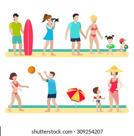 Flat style modern beach people family lifestyle icons situations web template infographic vector icon set. Photographer surfer couple children parenting volleyball umbrella. Men women lifestyle icons.