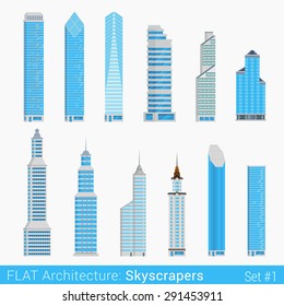 Flat style modern buildings skyscrapers set. City design elements. Stylish design architecture collection.