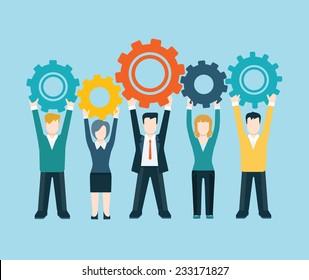 Flat style modern business people turn up cog wheel gear infographic concept. Conceptual web illustration teamwork workforce corporate spirit. Businessman and businesswoman pieces of company mechanism