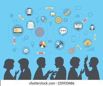 Flat style modern business people silhouettes brainstorming, meeting, gossip, social media content concept web vector. Talking couples businessman businesswoman and icon set collage.