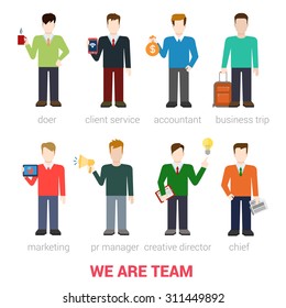 Flat style modern business people company team staff professionals icon web template infographics vector icon set. Doer client service accountant marketing PR manager creative director chief isolated