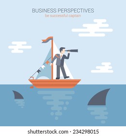 Flat style modern business perspectives, competition banner poster web template concept vector. Businessman stands in yacht looking through spyglass into future in ocean teeming with predatory sharks.