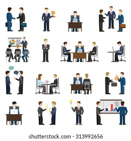 Flat style modern business situations businessmen people big icon set. Meeting success report training manager operator chat investment support discussion session idea workplace reception negotiations