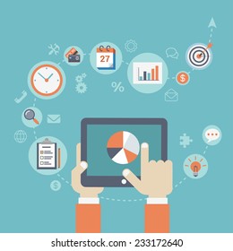 Flat style modern business strategy planning infographic concept. Conceptual web illustration hand touching tablet chart graph, business icons checklist, plan, to do, clock, schedule, target.