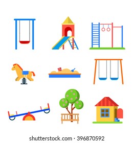 Flat style modern children playground icon set. Slide seesaw wall bars sandbox bench spring wooden horse. Childhood parenting collection.