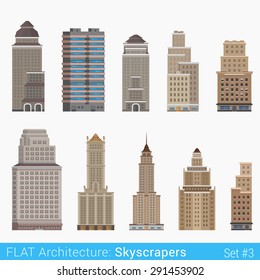 Flat style modern classic buildings skyscrapers set. City design elements. Stylish design architecture collection.