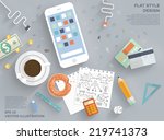Flat Style Modern Design Concept of Creative Office Workspace. Icons Collection of Business Work Flow Items and Elements, Office Things, Objects and Equipment for Workplace Design. Vector Illustration