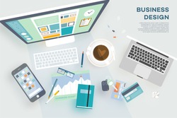 Flat Style Modern Design Concept of Creative Office Workspace. Icons Collection of Business Work Flow Items and Elements, Office Things, Objects and Equipment for Workplace Design. Vector Illustration