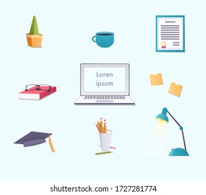 Flat Style Modern Design Concept of Creative items for Workspace. Icons Collection of Business Work, Online education, Home Things, Objects and Equipment for Workplace Design. Vector illustration