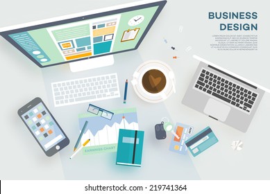 Flat Style Modern Design Concept of Creative Office Workspace. Icons Collection of Business Work Flow Items and Elements, Office Things, Objects and Equipment for Workplace Design. Vector Illustration