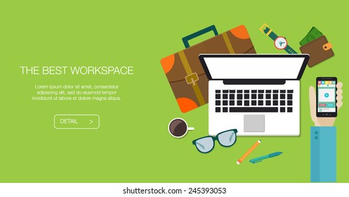 Flat Style Modern Design Concept of Creative Office Workspace. Icons Collection of Business Work Flow Items and Elements, Office Things, Objects and Equipment for Workplace Design. Vector Illustration