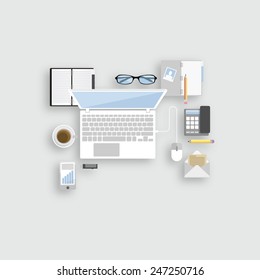 Flat Style Modern Design Concept of Creative Office Workspace. Icons Collection of Business Work Flow Items and Elements, Office Things, Objects and Equipment for Workplace Design. Vector Illustration