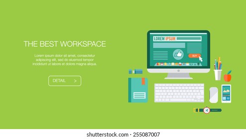 Flat Style Modern Design Concept of Creative Office Workspace. Icons Collection of Business Work Flow Items and Elements, Office Things, Objects and Equipment for Workplace Design. Vector Illustration