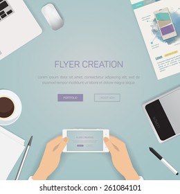 Flat Style Modern Design Concept of Creative Office Workspace. Icons Collection of Business Work Flow Items and Elements, Office Things, Objects and Equipment for Workplace Design. Vector Illustration