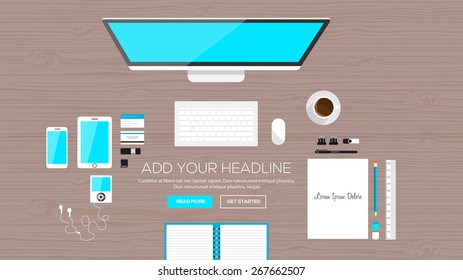 Flat Style Modern Design Concept of Creative Office Workspace. Icons Collection of Business Work Flow Items and Elements. Vector