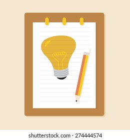 Flat Style Modern Design Concept of IDEA. Drawing Light Bulb, Pencil and Clipboard. Vector Illustration. eps10.