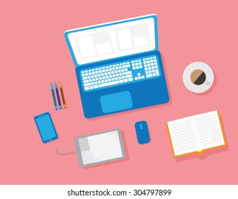 Flat Style Modern Design Concept of Creative Office Workspace. Icons Collection of Business Work Flow Items and Elements, Office Things, Objects and Equipment for Workplace Design. Vector Illustration