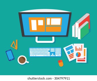 Flat Style Modern Design Concept of Creative Office Workspace. Icons Collection of Business Work Flow Items and Elements, Office Things, Objects and Equipment for Workplace Design. Vector Illustration