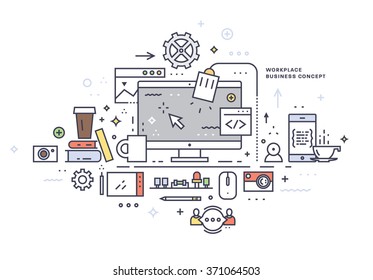 Flat Style Modern Design Concept of Creative Office Workspace. Icons Collection of Business Work Flow Items and Elements, Office Things, Objects and Equipment for Workplace Design. Vector Illustration