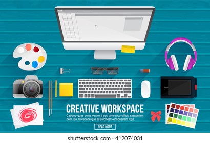 Flat Style Modern Design Concept of creative Workspace. Icon collection for web sites, printed materials, infographics. Vector Illustration.