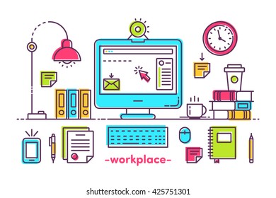 Flat Style Modern Design Concept of Creative Office Workspace. Icons Collection of Business Work Flow Items and Elements, Office Things, Objects and Equipment for Workplace Design. Vector Illustration