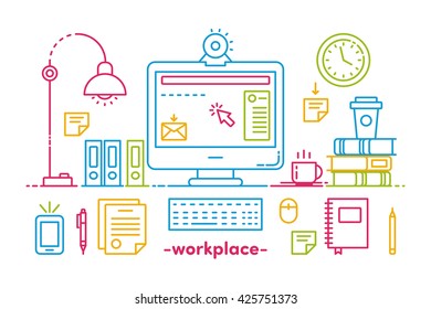 Flat Style Modern Design Concept of Creative Office Workspace. Icons Collection of Business Work Flow Items and Elements, Office Things, Objects and Equipment for Workplace Design. Vector Illustration