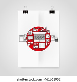 Flat Style Modern Design Concept of Creative Office Workspace. Icons Collection of Business Work Flow Items and Elements, Office Things, 