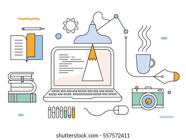 Flat Style Modern Design Concept of Creative Office Workspace. Icons Collection of Business Work Flow Items and Elements, Office Things, Objects and Equipment for Workplace Design. Vector Illustration