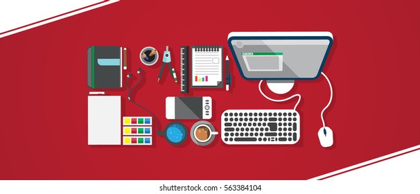 Flat Style Modern Design Concept of Creative Office Workspace. Icons Collection of Business Work Flow Items and Elements, Office Things, Objects and Equipment for Workplace Design. Copy space.