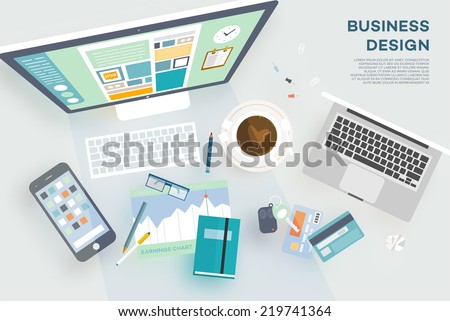 Flat Style Modern Design Concept of Creative Office Workspace. Icons Collection of Business Work Flow Items and Elements, Office Things, Objects and Equipment for Workplace Design. Vector Illustration