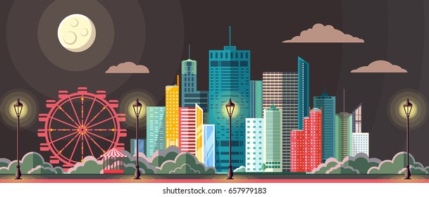 Flat style modern design of night scene urban city landscape. 