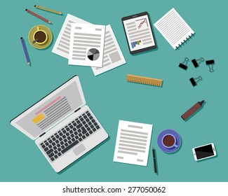 Flat Style Modern Design of Office Workplace. Icons set of business work flow items and gadgets. Working or studying concept. Top view. Vector Illustration