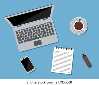 Flat Style Modern Design of Office Workplace. Icons set of business work flow items and gadgets. Working or studying concept. Top view. Vector Illustration