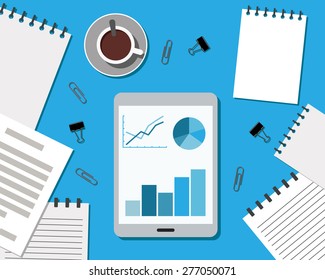Flat Style Modern Design of Office Workplace. Working or studying concept. Top view. Vector Illustration