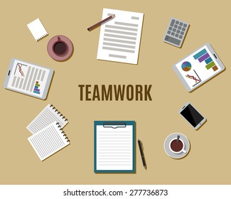Flat Style Modern Design of Office Workplace with copy space. Icons set of business work flow items and gadgets. Working or studying concept. Top view. Vector Illustration