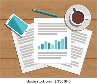 Flat Style Modern Design of Office Workplace. Icons set of business work flow items on wood table. Working or studying concept. Top view. Vector Illustration