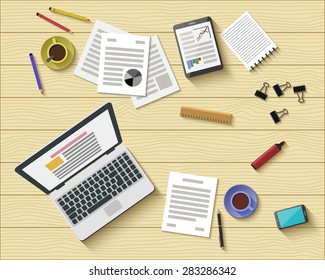 Flat Style Modern Design of Office Workplace. Icons Set of Business Work Flow Items and Gadgets. Working or Studying Concept. Top View. Vector Illustration