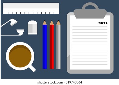 Flat Style Modern Design of Office Workplace. Vector Illustration. Top View of a Table with Note Paper, Pencils, Eraser, Ruler , Ear phones and Coffee Cup. Working or studying concept